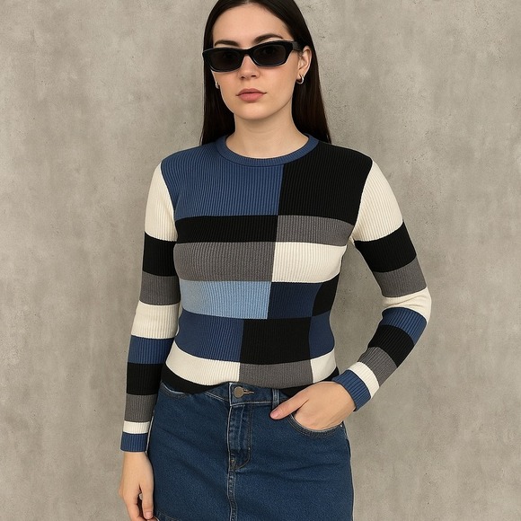 Carolyn Taylor Sweaters - Carolyn Taylor Essentials Colorblock Ribbed Knit Sweater Blue Gray Black Cream S